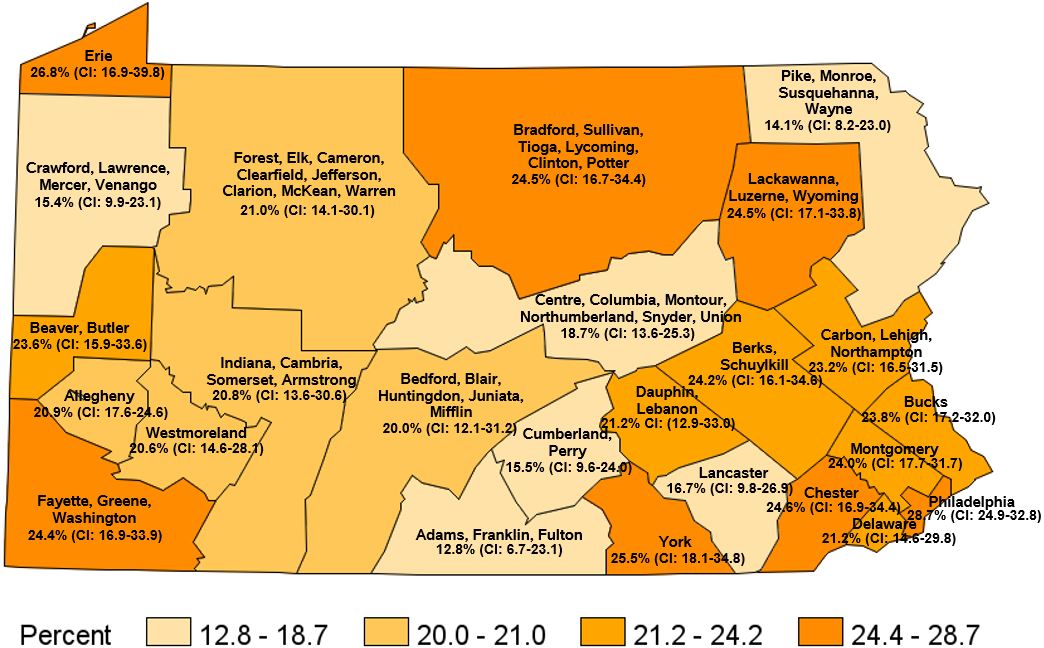 Before Age 18, Lived With Anyone Who Was Depressed, Mentally Ill or Suicidal, <br>Pennsylvania Regions, 2021